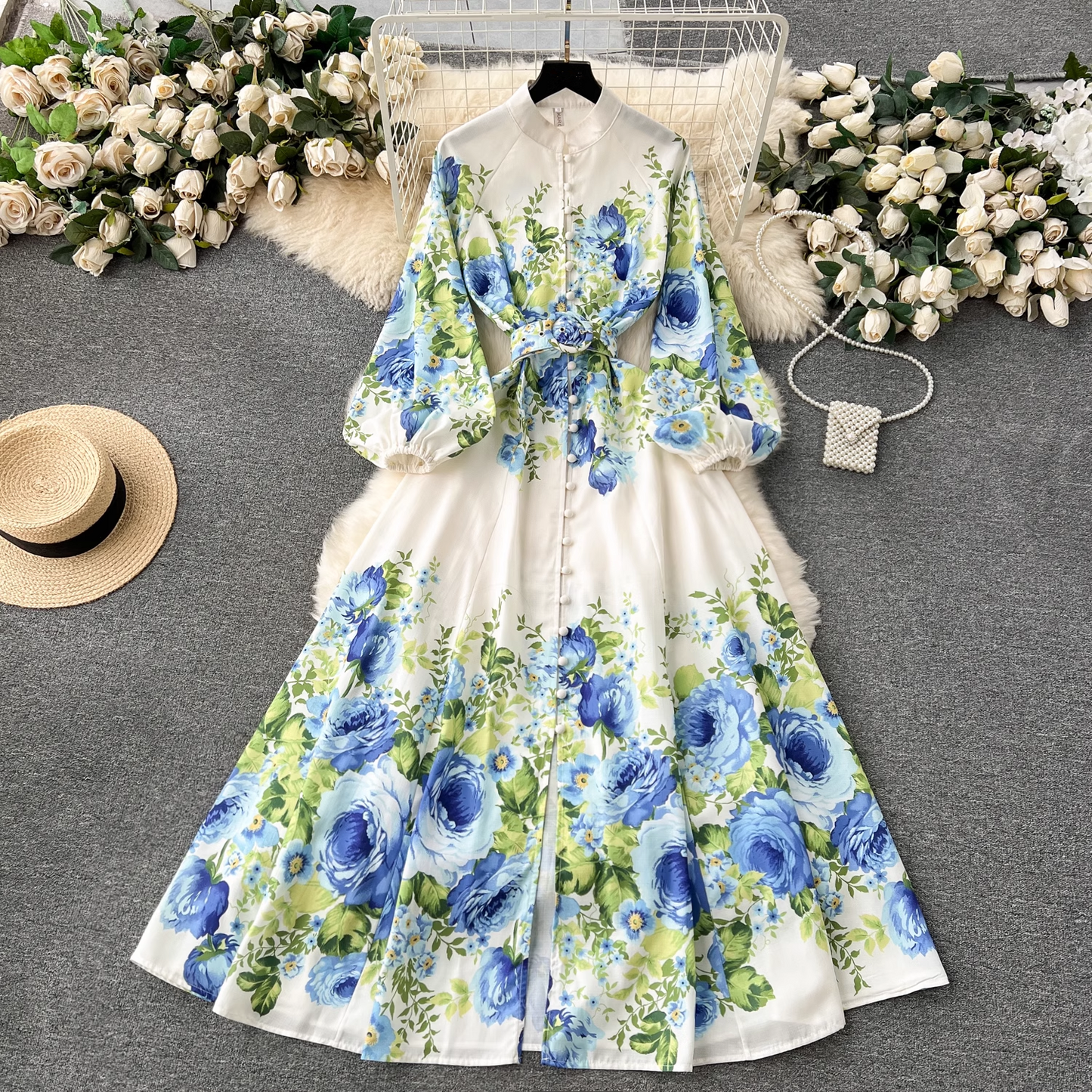 Printed long French puff sleeve elegant dress YM1142