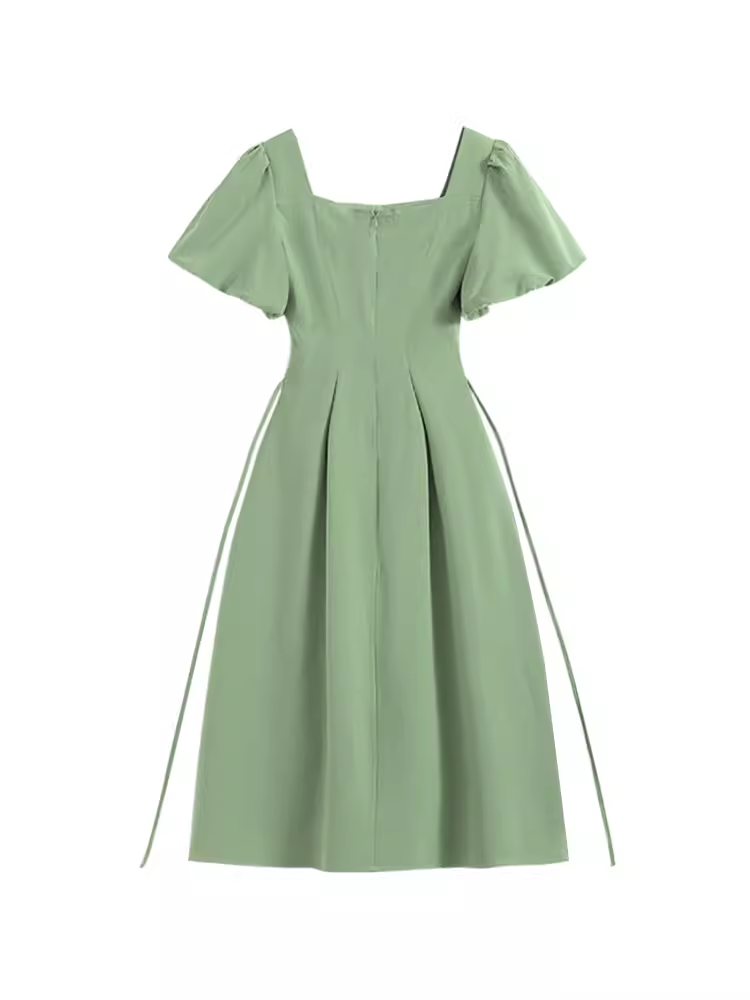 Green square neck bow dress YM1553