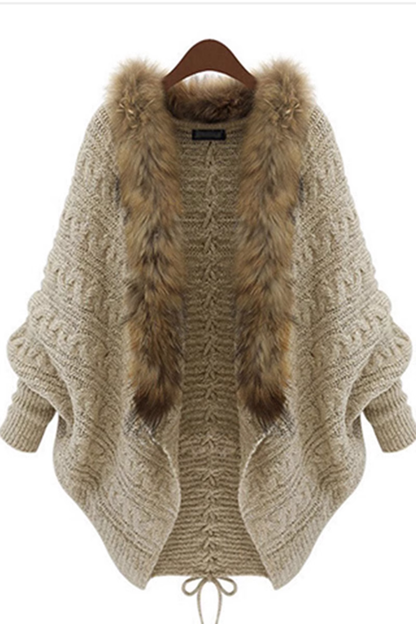 Knitted cardigan cape shawl bat sleeve fur collar coat for women YM762