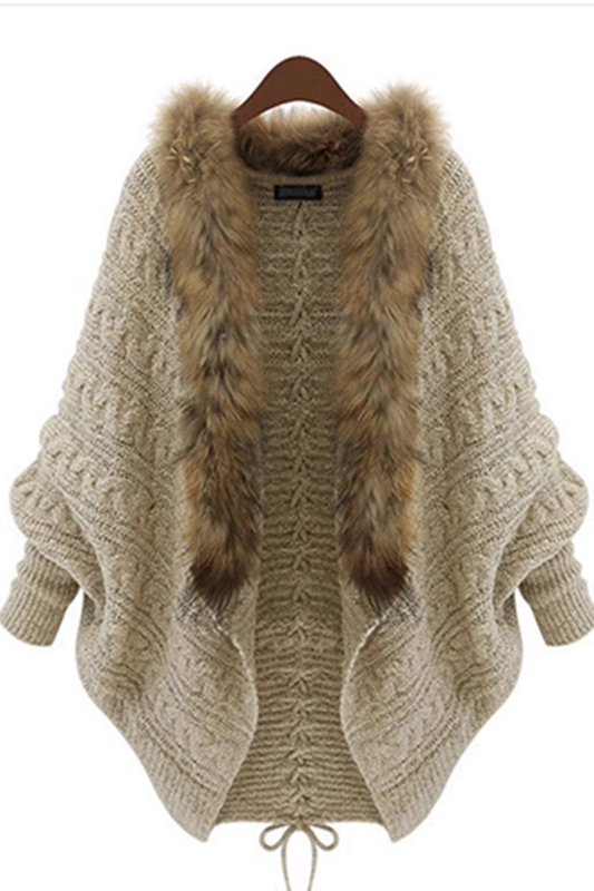 Knitted cardigan cape shawl bat sleeve fur collar coat for women YM762