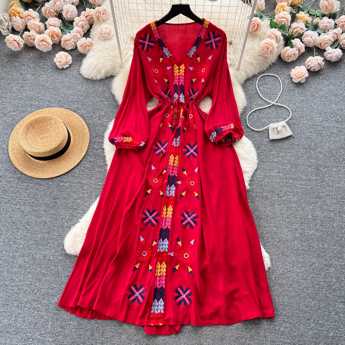 Embroidered V-neck drawstring waist dress for women retro ethnic style holiday dress YM558