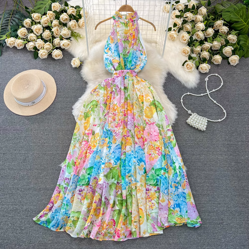 Stylish bohemian halterneck a-line print dress YM959