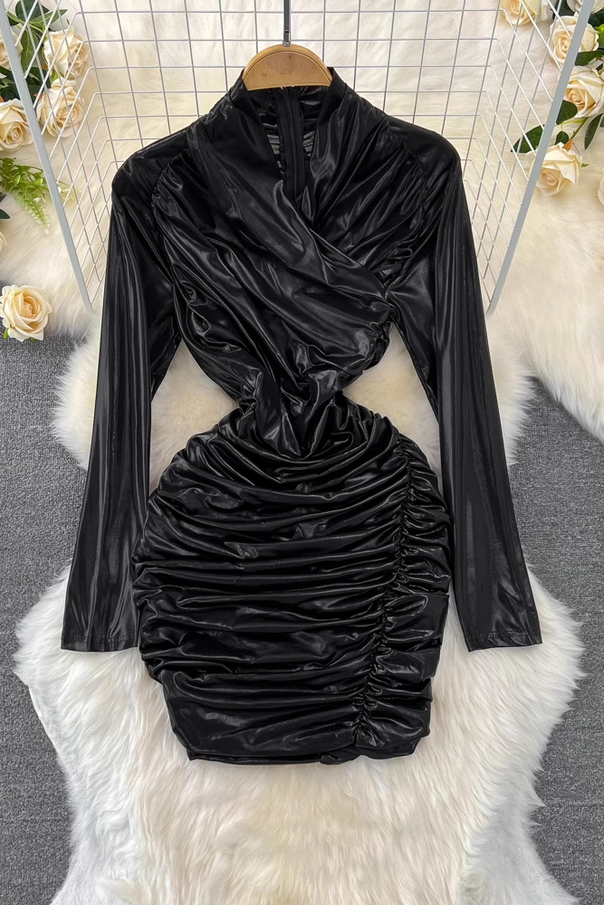 Stylish long-sleeved stand-up collar pleated short glossy metallic dress YM940