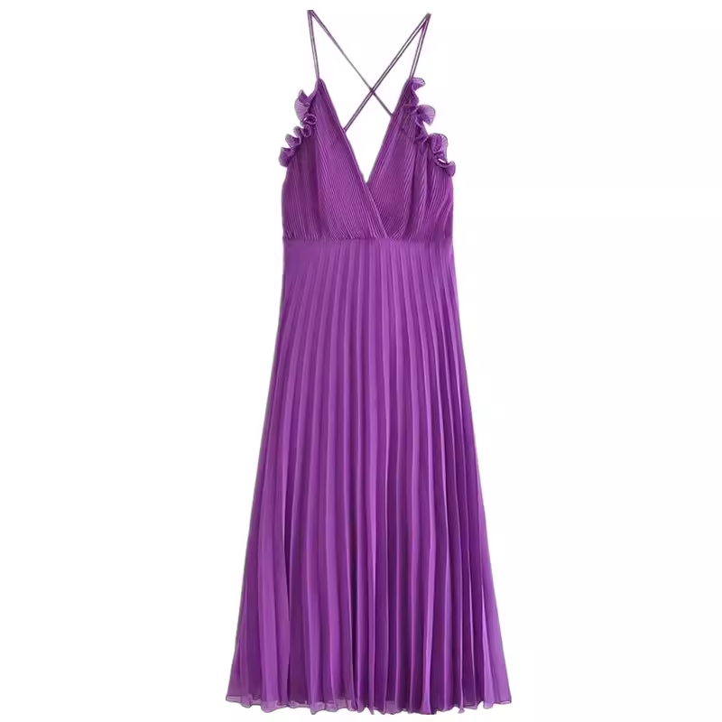 Purple V-neck suspender dress  YM1376