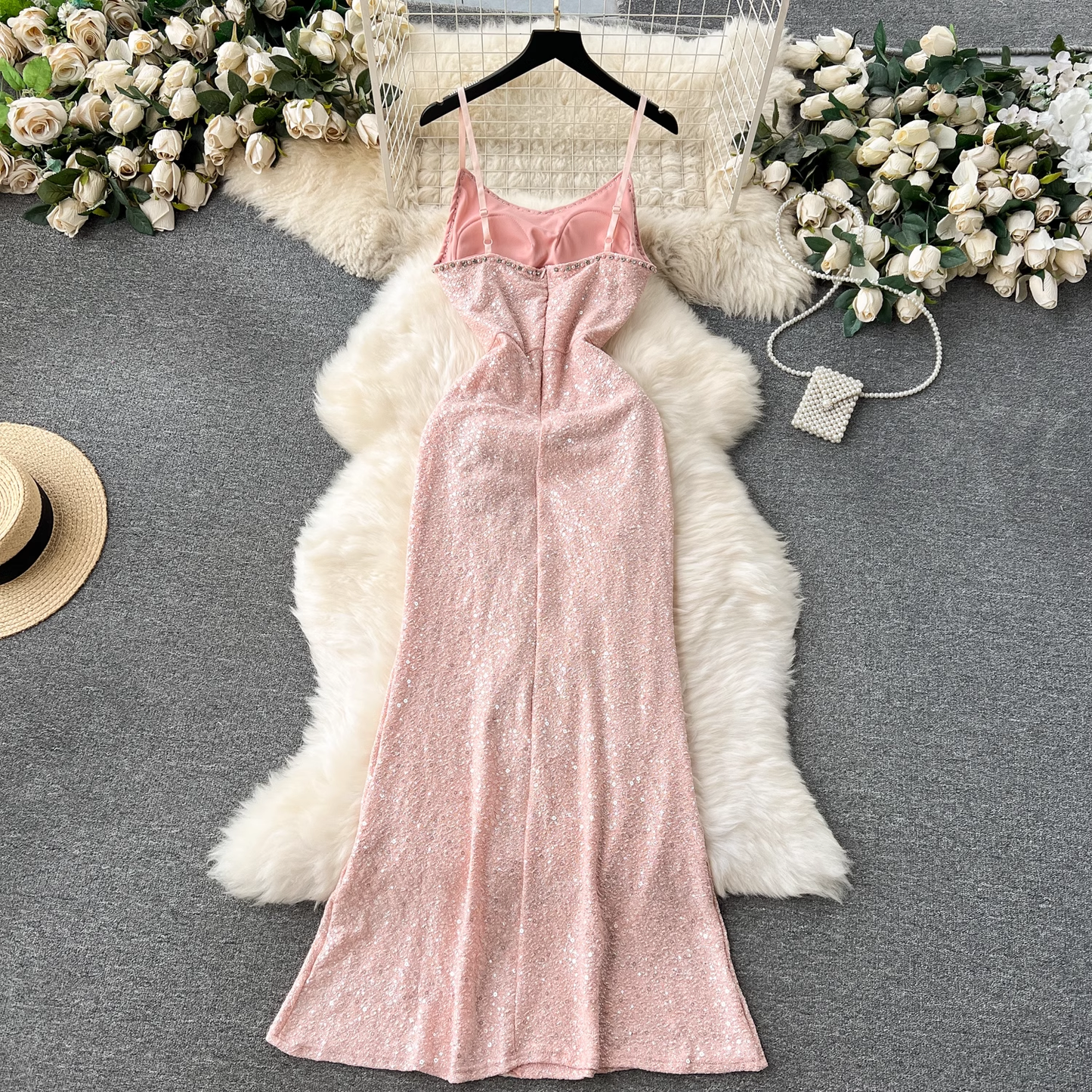 Women's elegant long sequin suspender dress YM1149