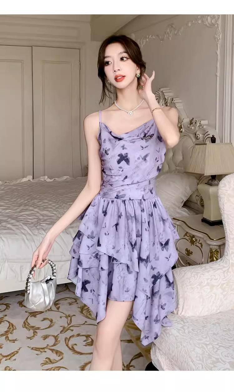 Purple butterfly print slip dress YM1351