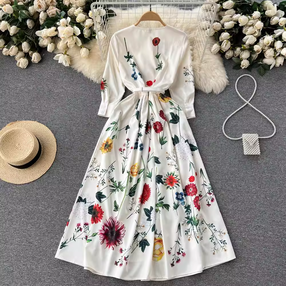 Printed fashionable slim fit single breasted dress YM457