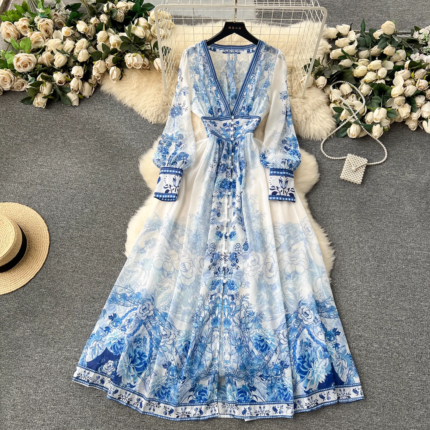 Deep V-neck printed elegant dress YM1205