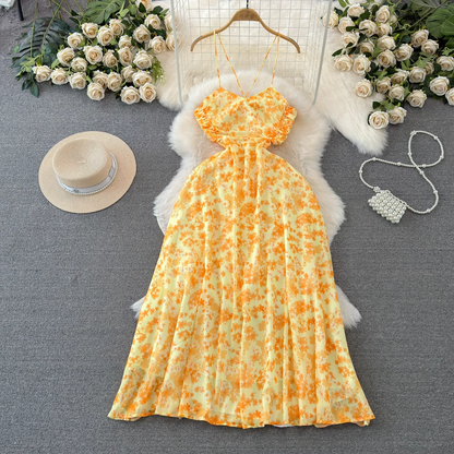 Summer beach resort style yellow floral dress YM1022