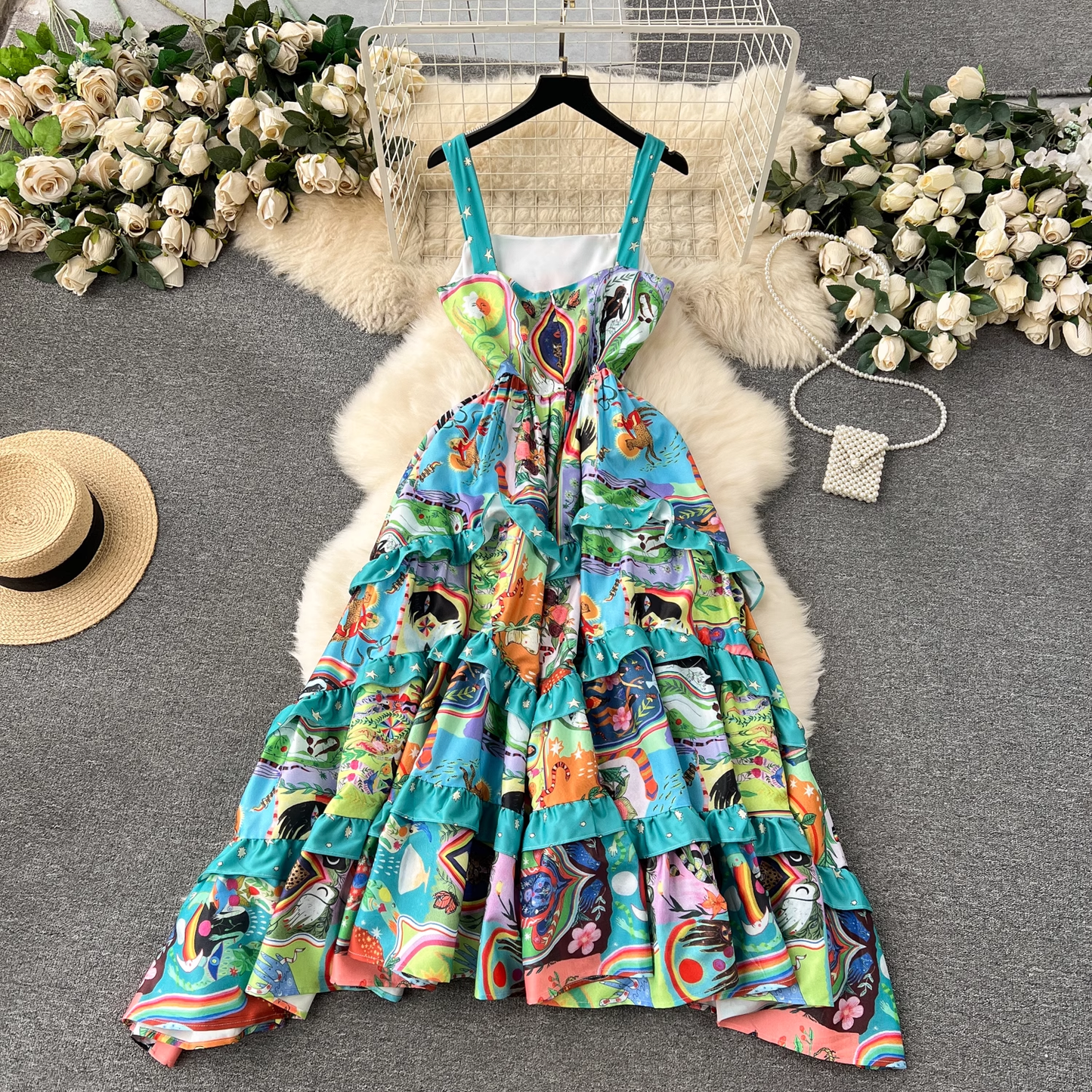 women's printed retro suspender dress YM1148