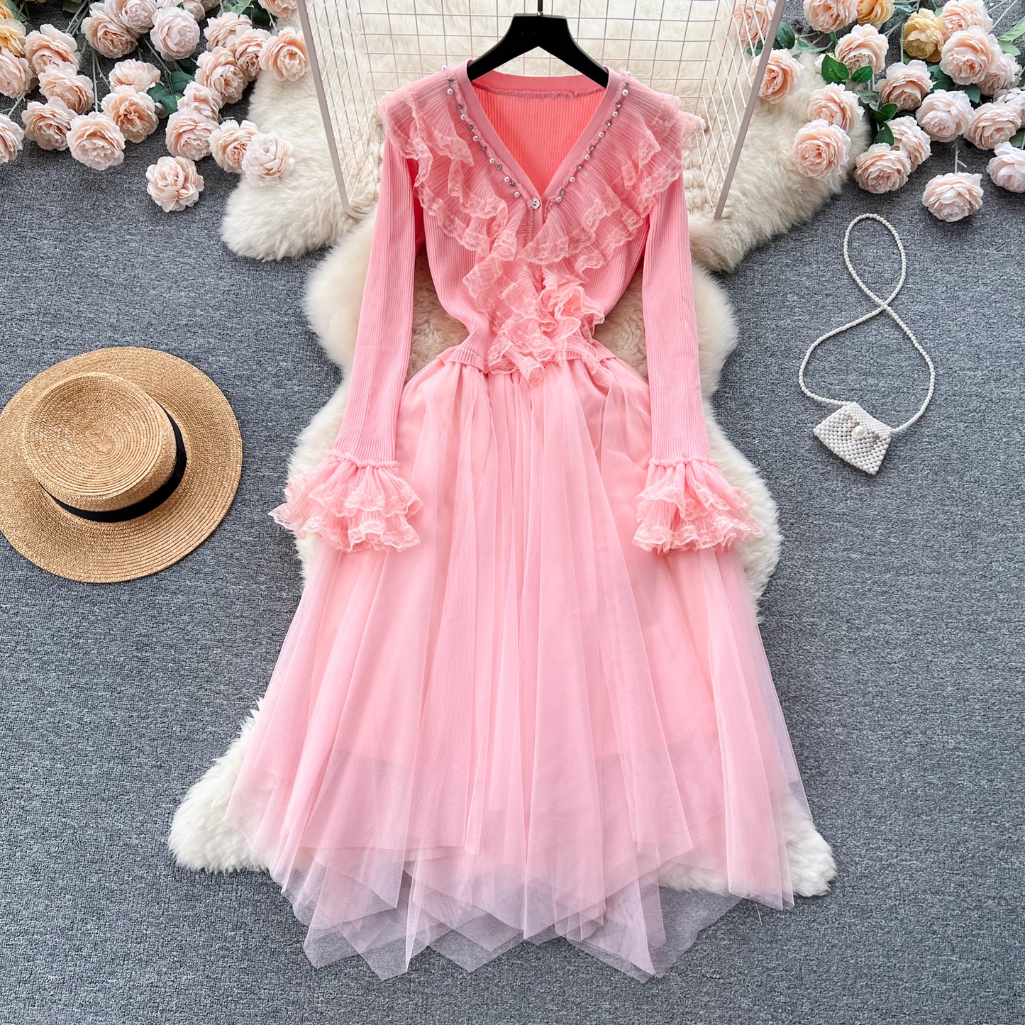 V-neck knitted splicing mesh fluffy irregular dress for women YM429