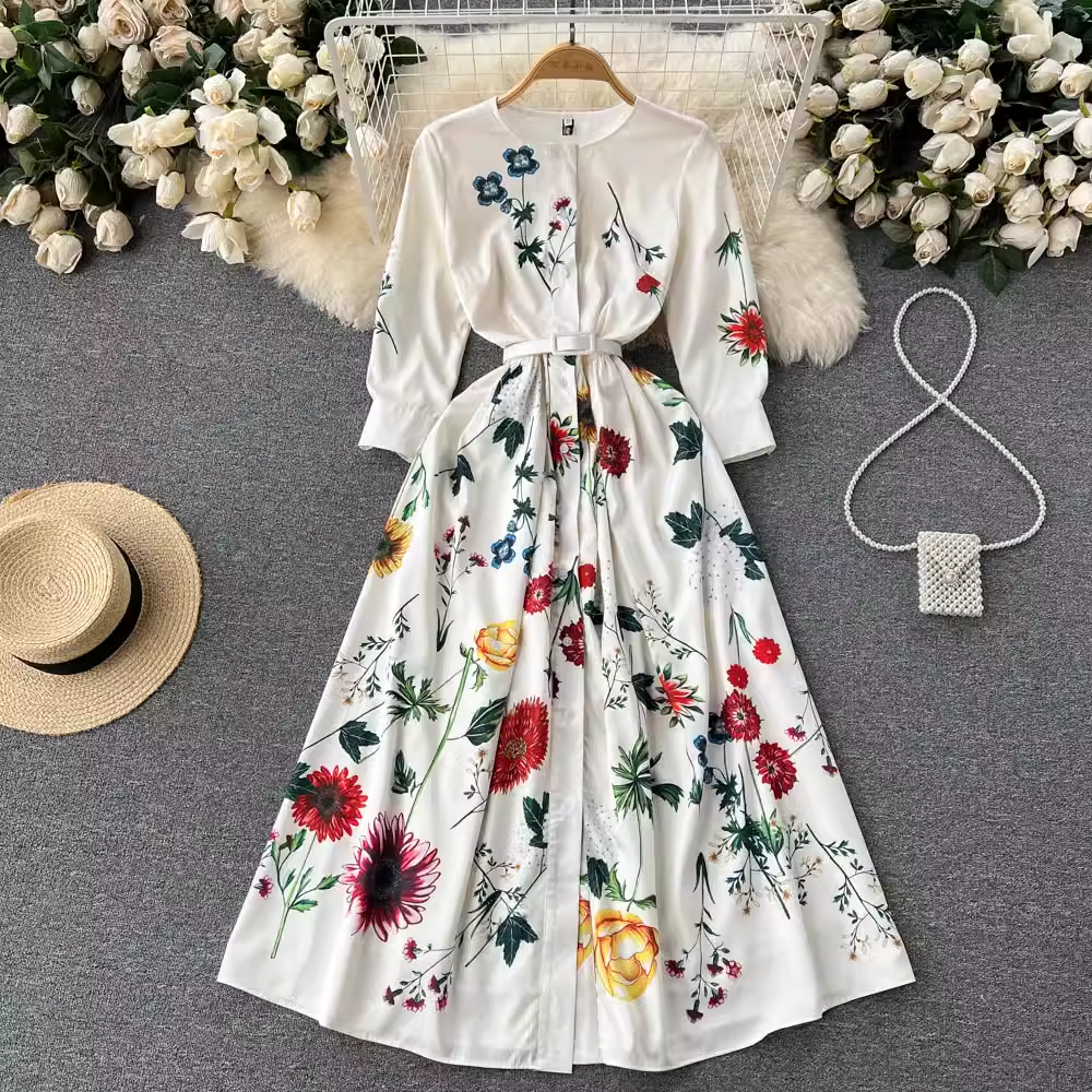 Printed fashionable slim fit single breasted dress YM457