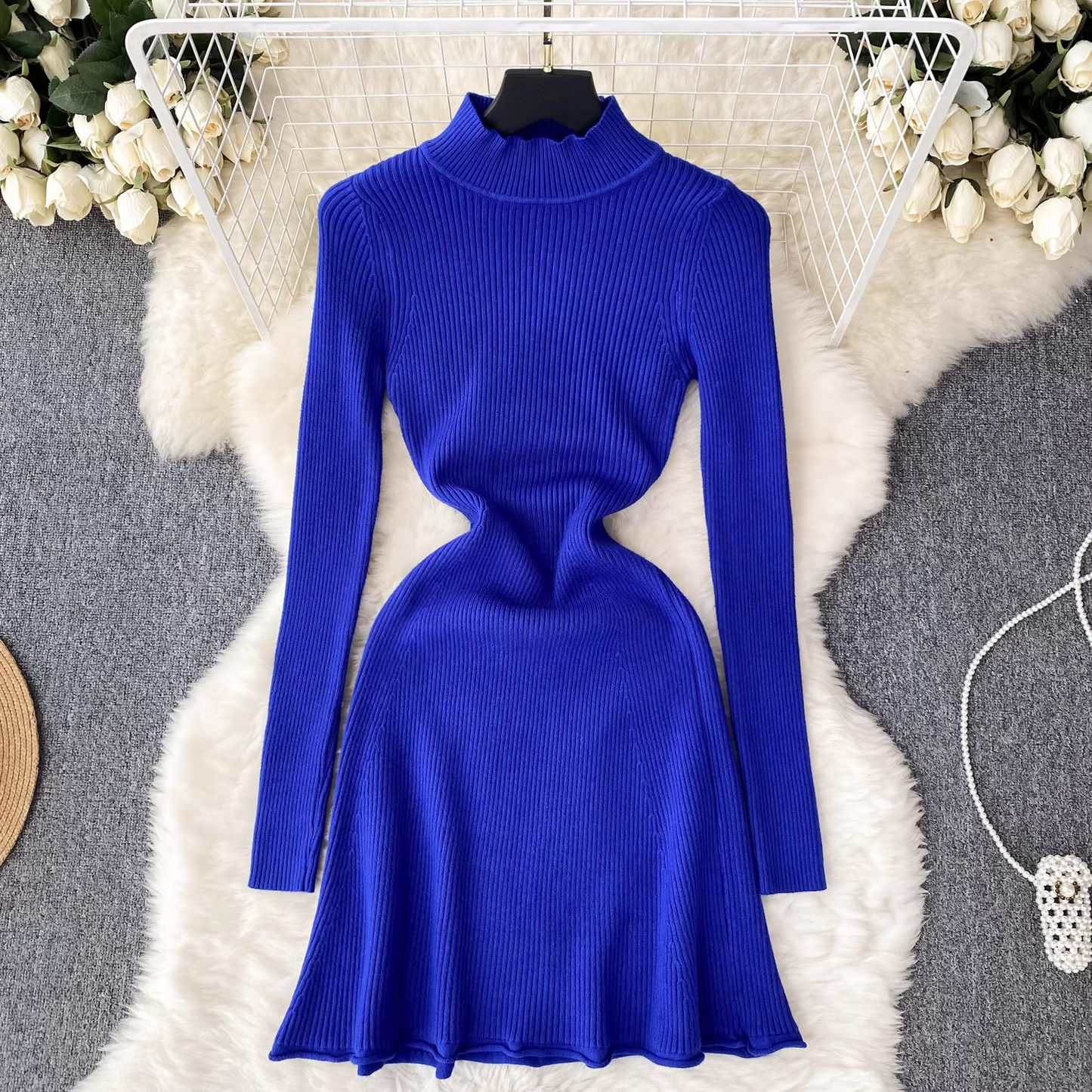 Solid color knitted dress women's autumn and winter half turtleneck tight dress YM514