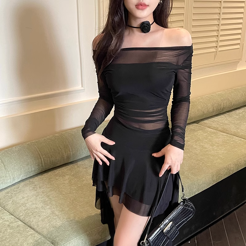 Black sexy off the shoulder see-through dress YM1067