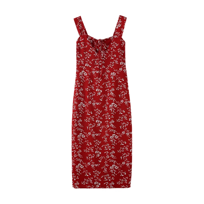 Red Floral Suspender Dress Women's Slim Slit Dress YM471