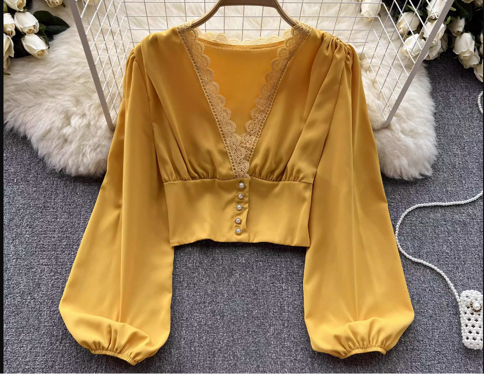 Lantern sleeve slim waist slimming long sleeves blouses ,YM138