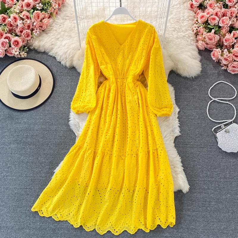 V-neck hollow embroidery summer dress ,YM180