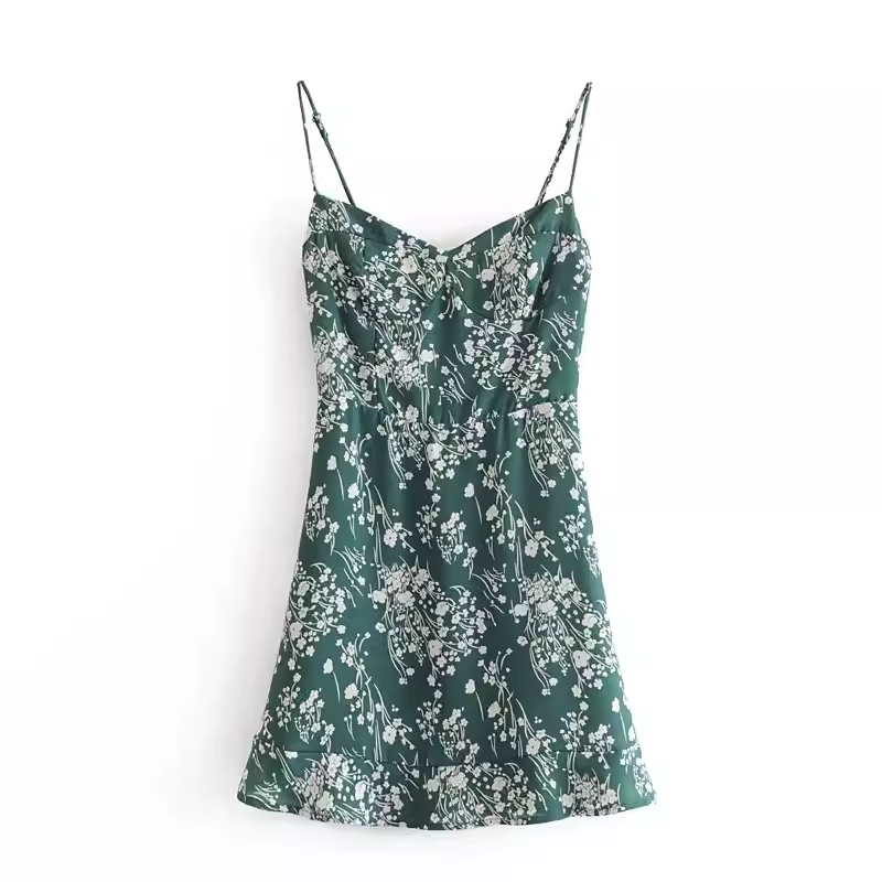 Green floral suspender A-line dress  YM1301