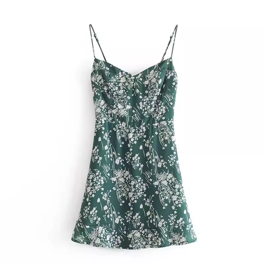 Green floral suspender A-line dress  YM1301