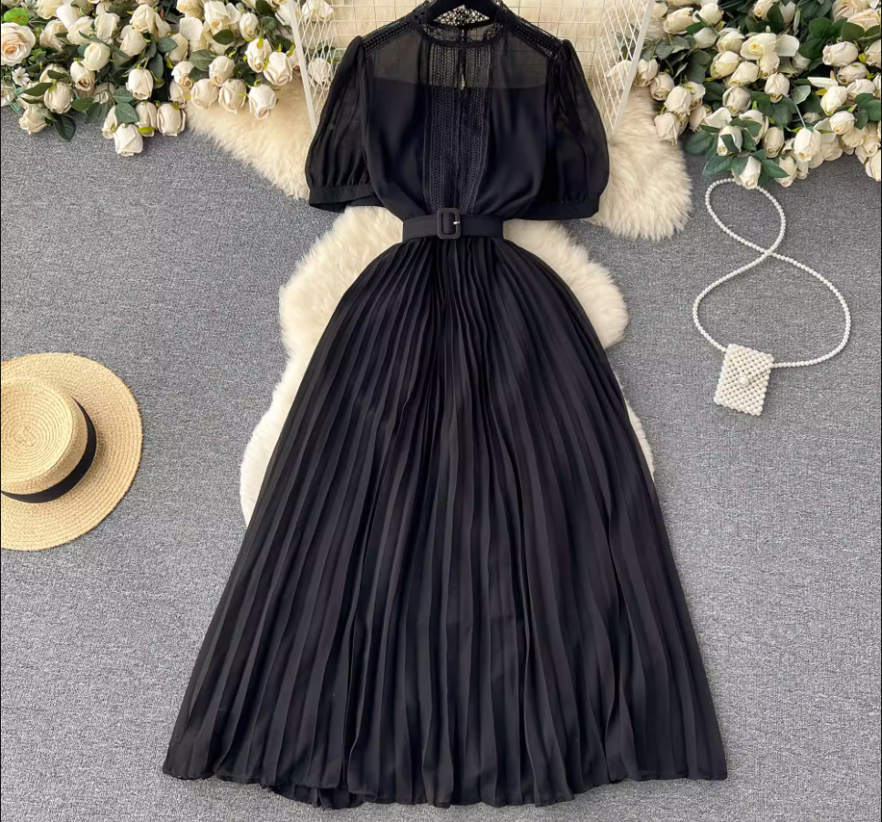 Turtleneck Puff Sleeve Pressed Pleated Dress,YM115