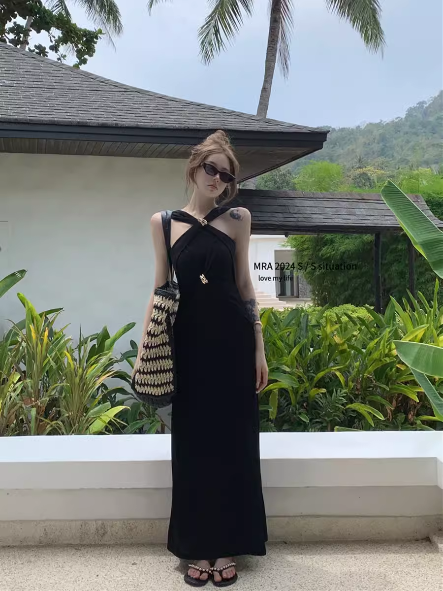 Retro black long dress YM1532