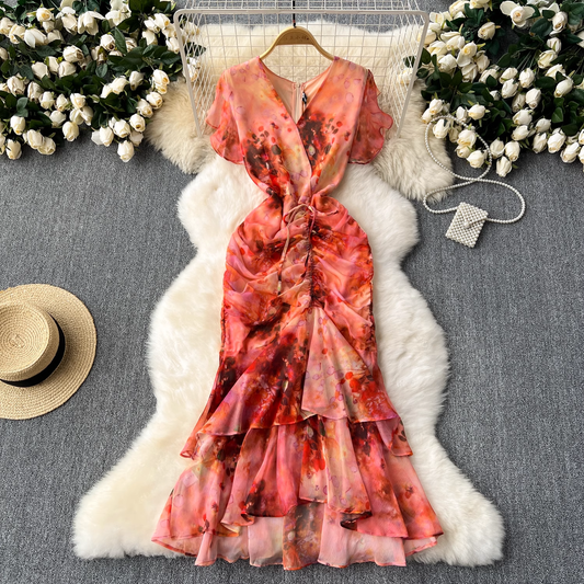 Printed ruffled mermaid dress YM1112