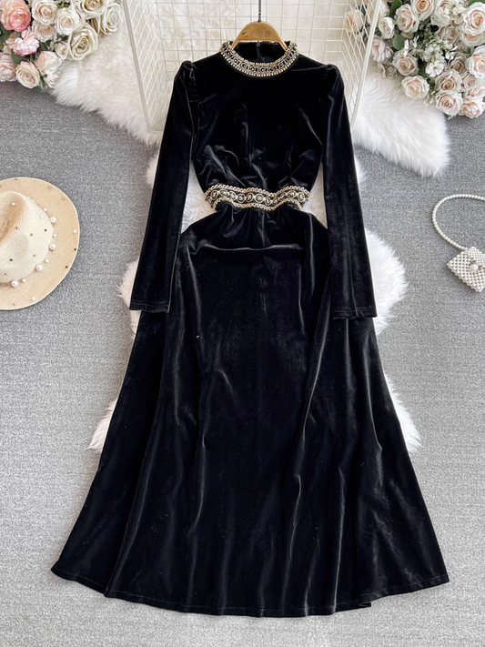 Long-sleeved A-line velvet dress with stand collar YM1017