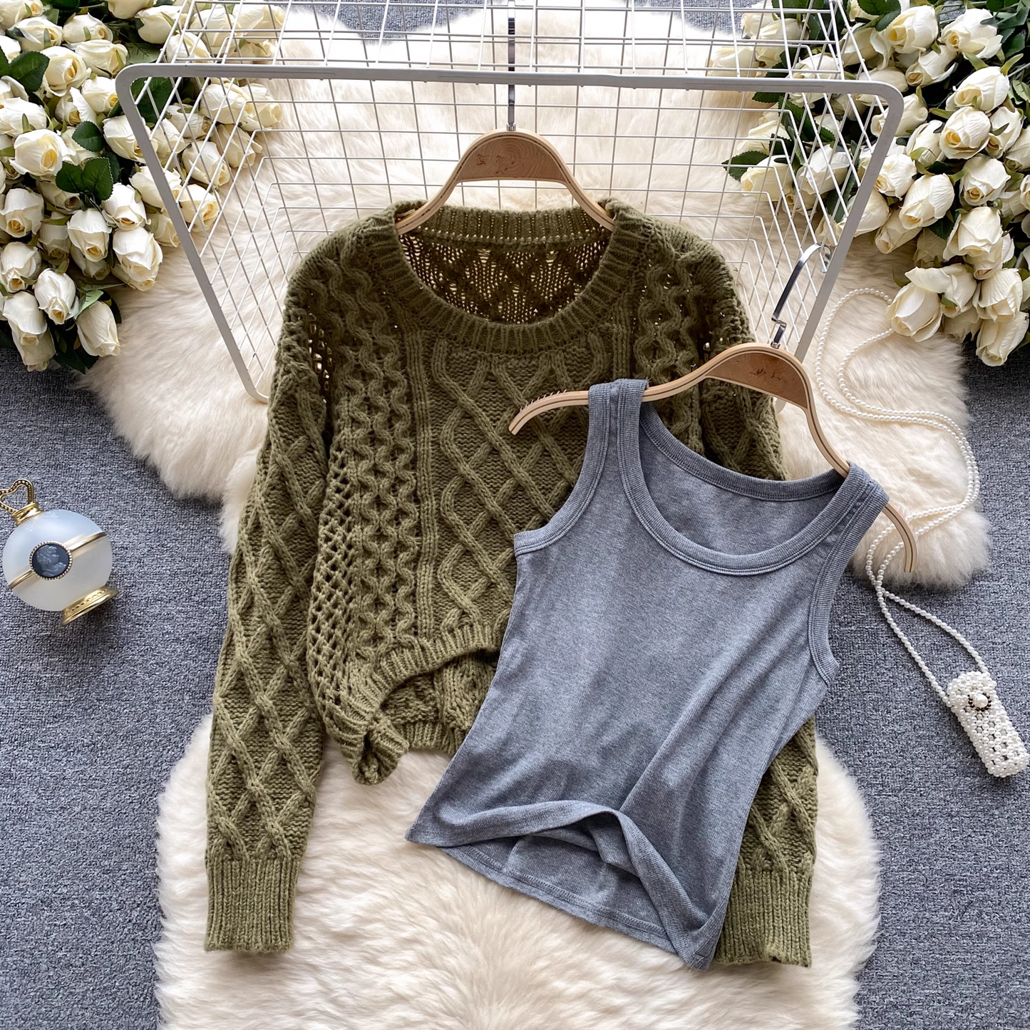 Stacked two-piece women's round neck solid color vest twist knit sweater set YM562