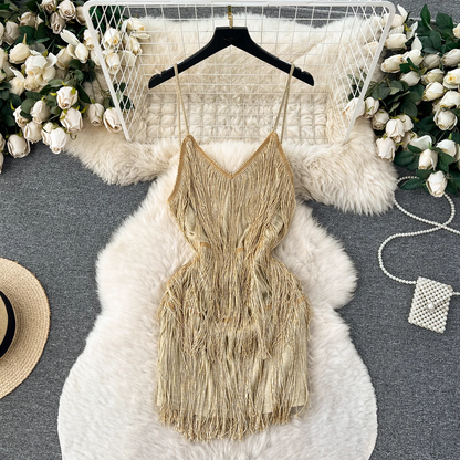 Sexy hollow backless furry fringed patchwork suspender dress YM489