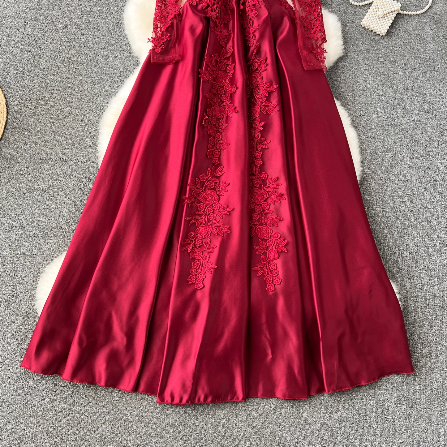 Red long-sleeve A-line dress YM1121