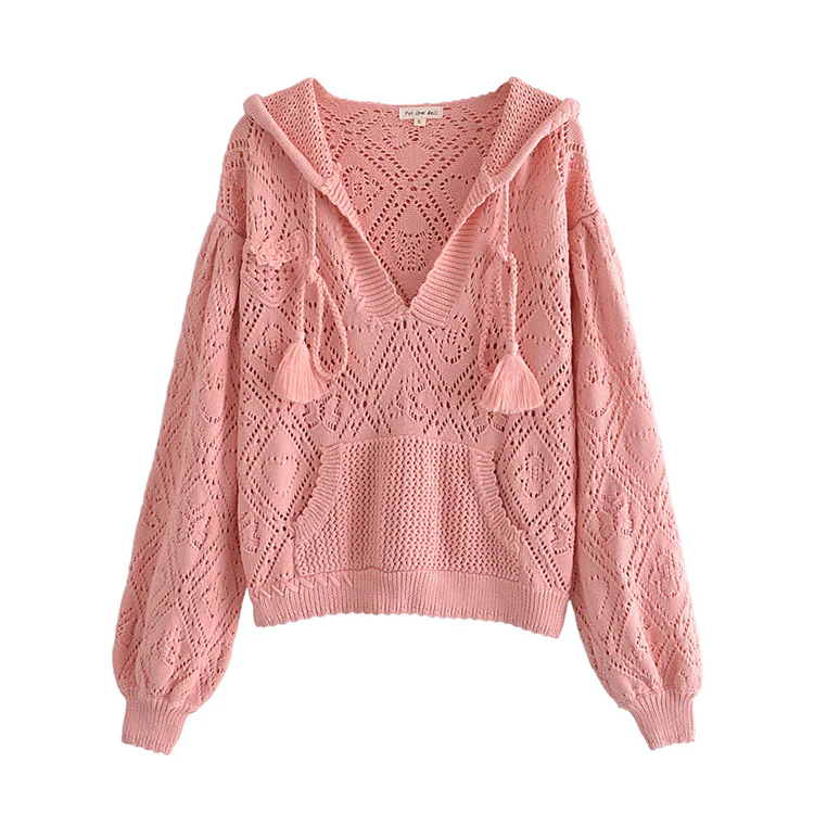 Hollow out design short Pink Knitted Hooded Sweater, YM257