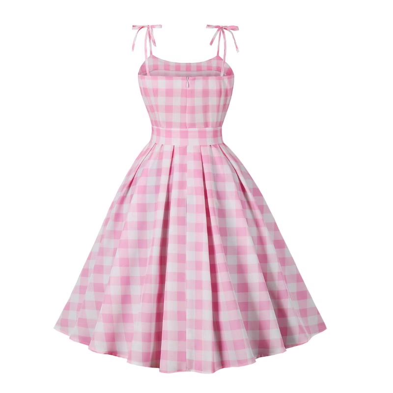 Summer Student Sweet Barbie Pink Plaid Bow Swing Dress YM485