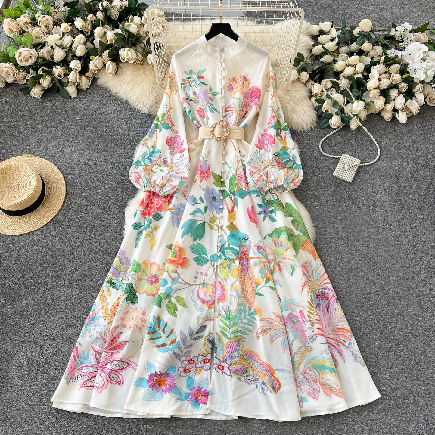 Elegant printed puff sleeve dress YM1174