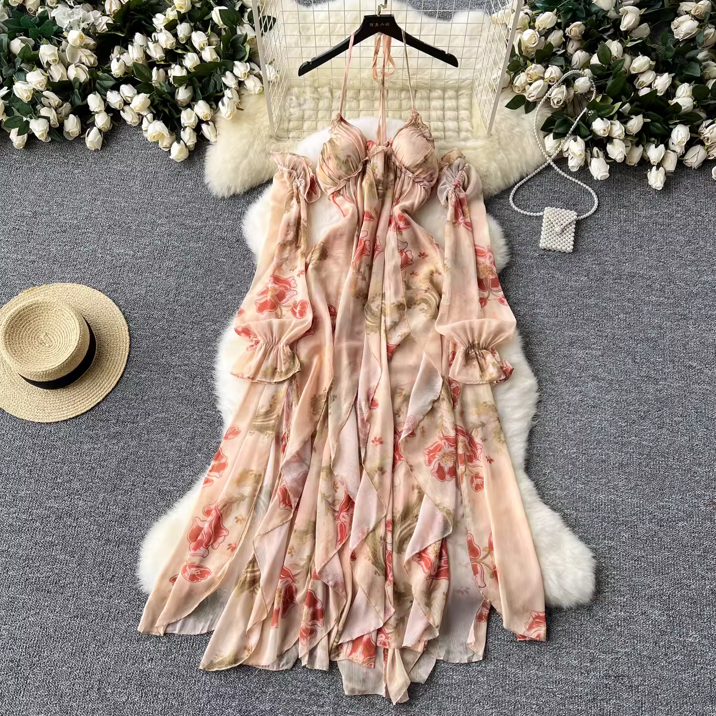 Irregular ruffled printed chiffon dress  YM1468