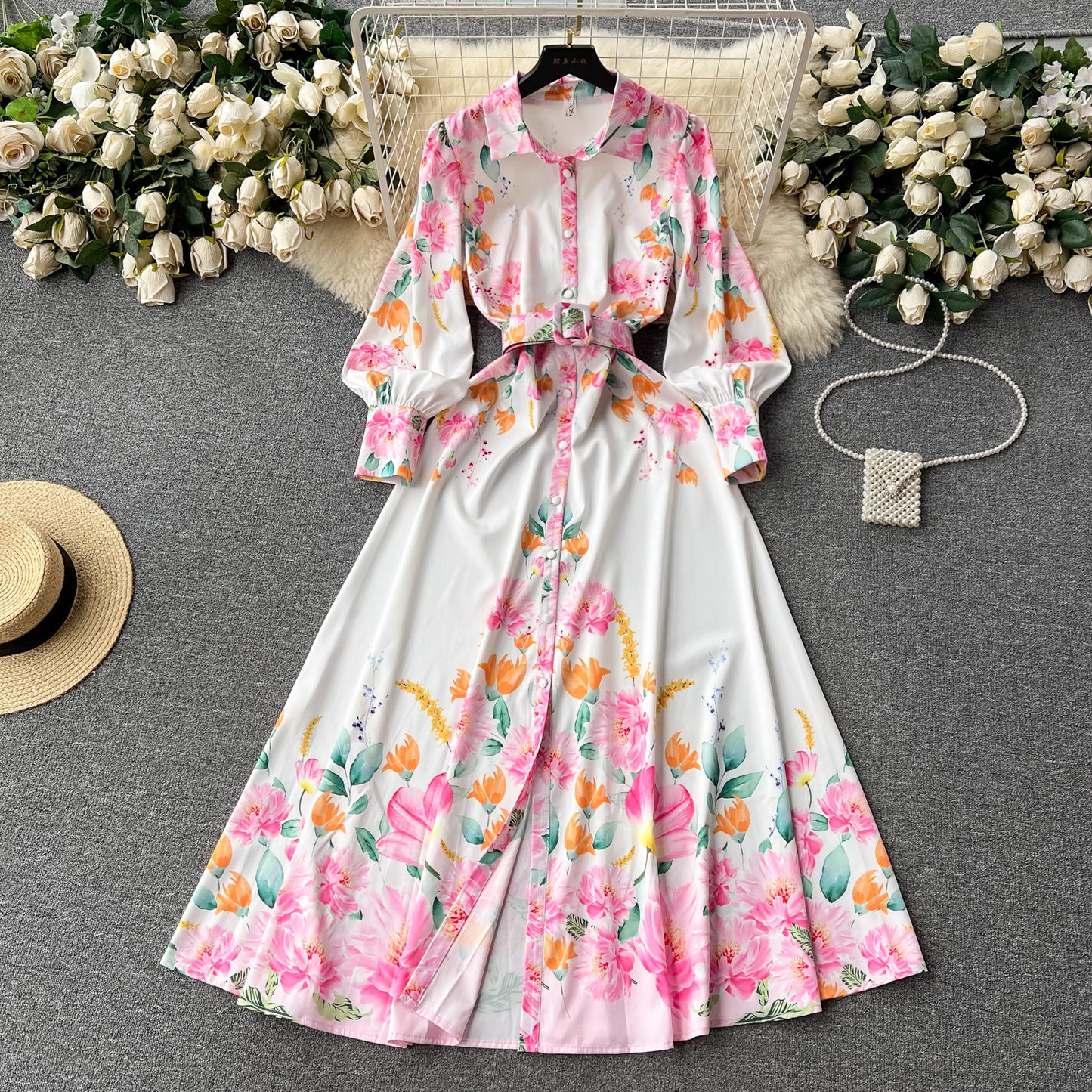 Lantern long-sleeved lapel single-breasted fashion print tie-waist elegant dress YM423