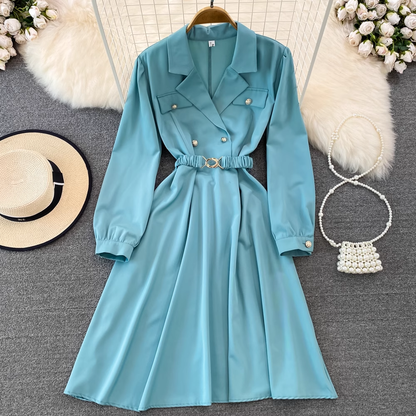 Vintage Bubble Long Sleeve Suit Collar A-Line Maxi Dress, YM239