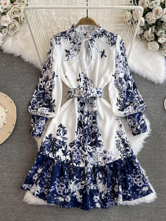 Long sleeve stand collar a line printed dress YM1013