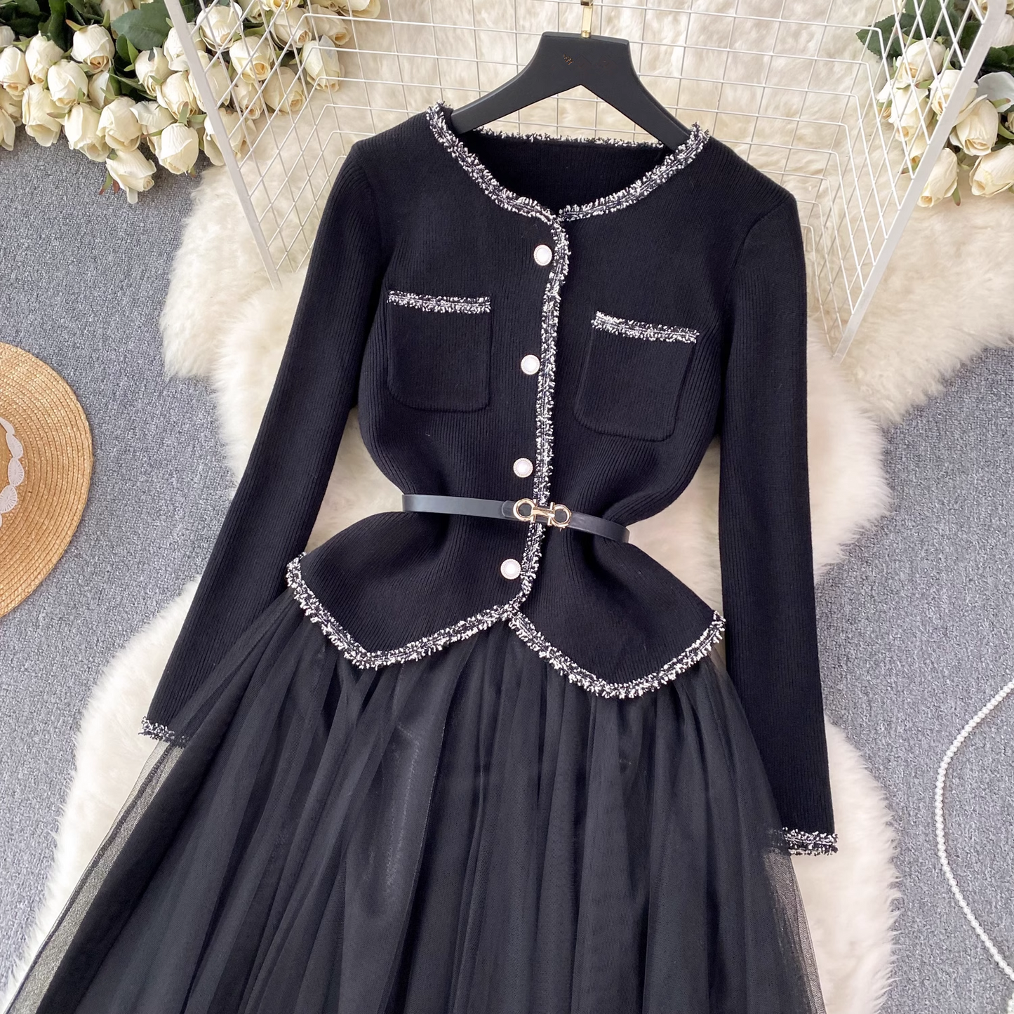 Knitted cardigan versatile suspender dress two-piece suit YM627