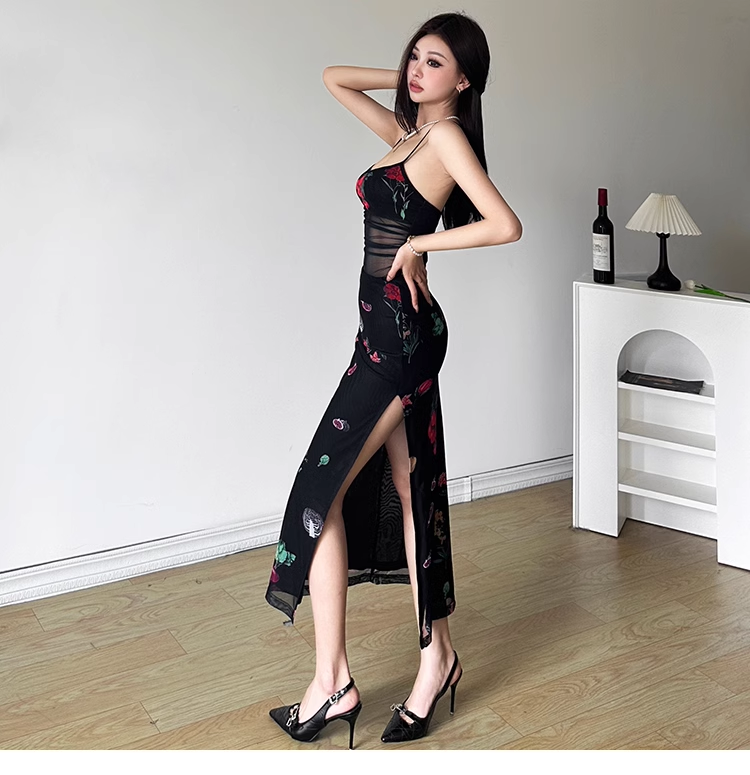 Printed suspender dress with slits YM1397