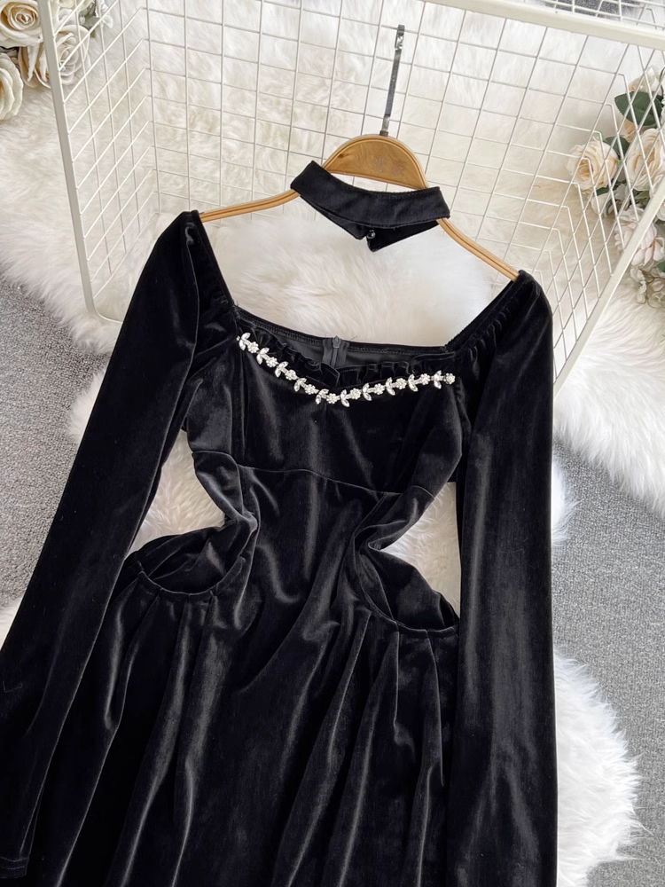 Black velvet square neck A-line dress YM996