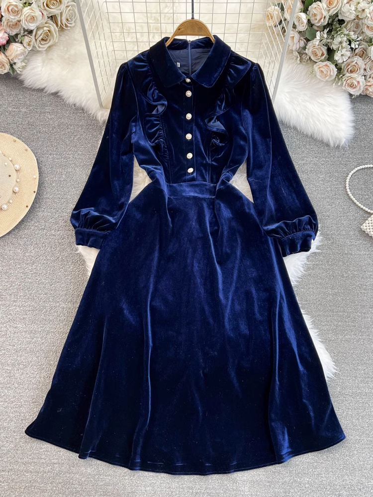 Long sleeve lapel a-line velvet dress YM990