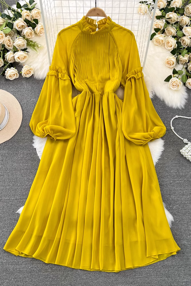 Lantern long sleeve stand collar waist a line pleated chiffon dress YM900