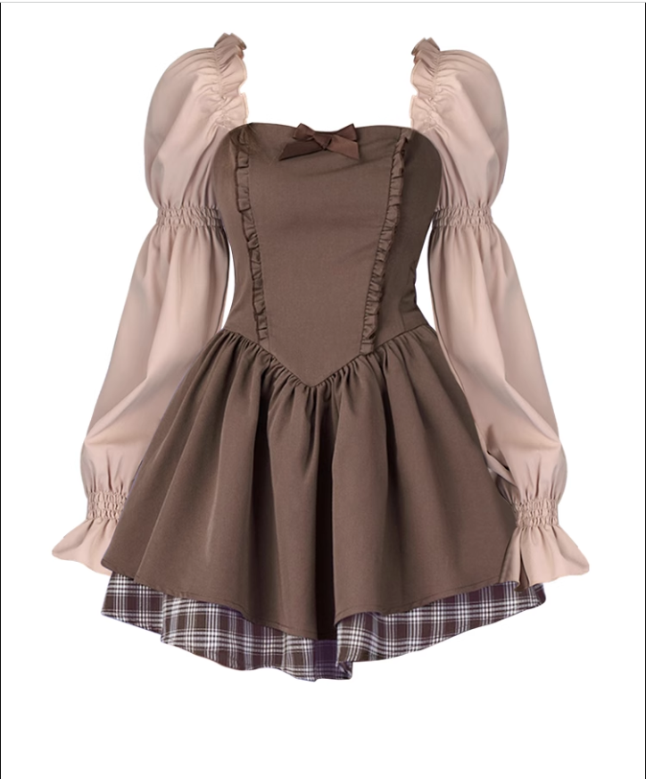 Brown puff long sleeve dress plaid patchwork princess dress YM833