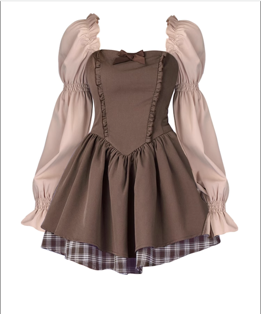 Brown puff long sleeve dress plaid patchwork princess dress YM833