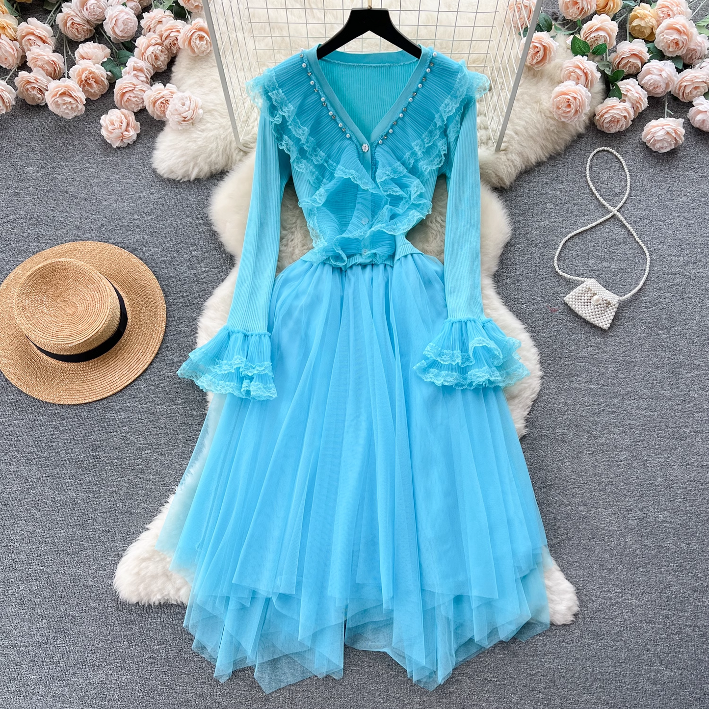 V-neck knitted splicing mesh fluffy irregular dress for women YM429