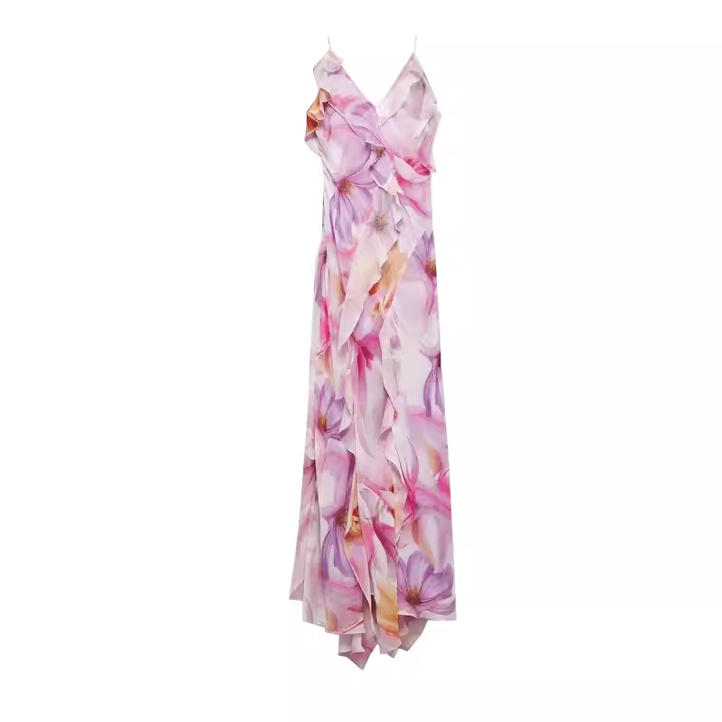 Sexy backless strappy ruffle floral print dress YM1400