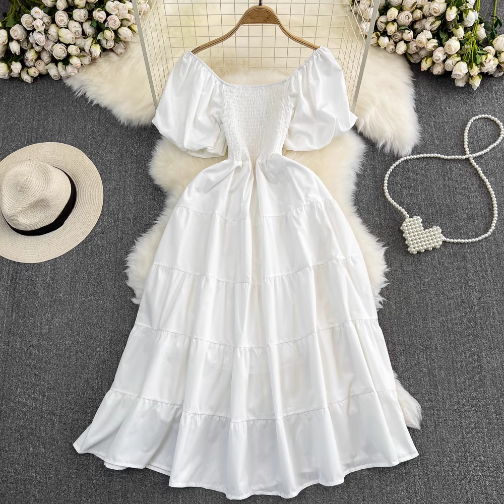 Bubble Short Sleeve Square Neck A-Line Dress Seaside Holiday Swing Long Dress , YM277