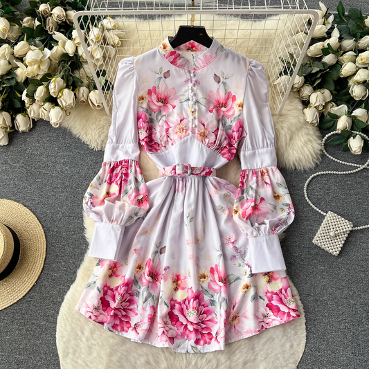 Long-sleeved stand-up collar lantern long-sleeved printed skirt women's court style dress YM402