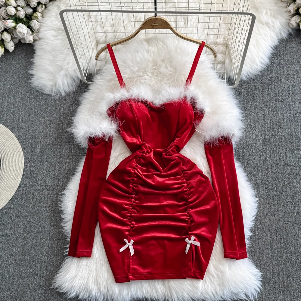 Fashionable Christmas Sexy Furry Patchwork Bodycon Dress with Sleeves YM950