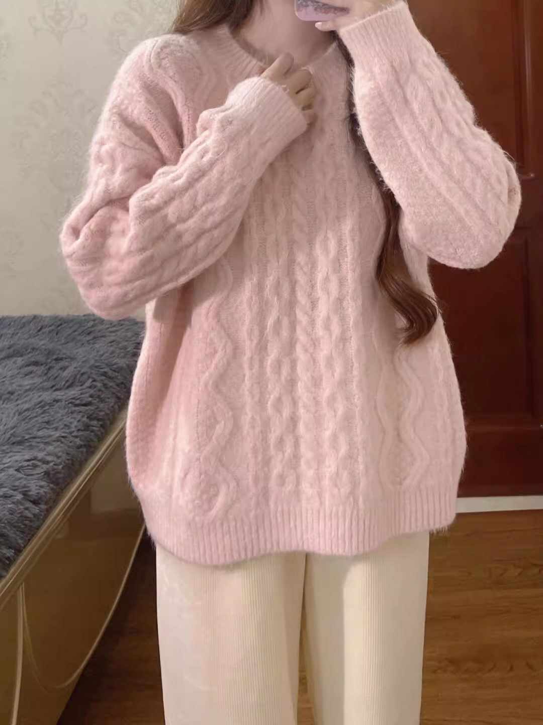 Lazy pink twist knitted sweater YM869